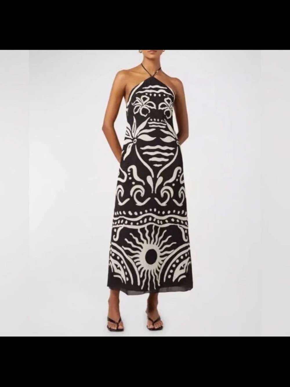 Cala De La Cruz Luna Printed Halter Midi Dress Women’s Sz S Black NWT READ FLAW